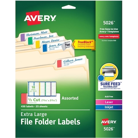 Avery Extra Large Filing Labels, 15/16"x3-7/16", 450/PK, Assorted PK AVE5026